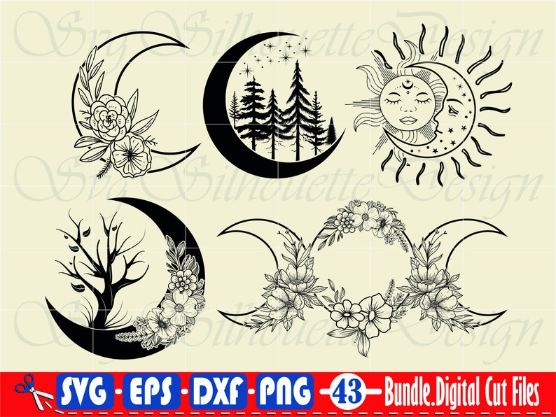 Flower Moon Svg 2 Crescent Moon Svg Flower Svg Floral Moon Etsy Canada