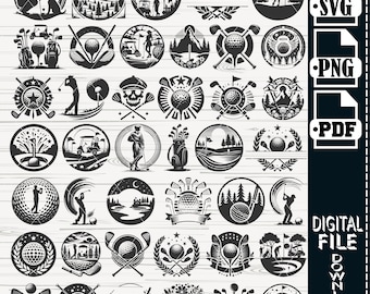 May include: A set of 40 black and white golf-themed SVG, PNG, and PDF digital files. The designs feature golf balls, golf clubs, golf carts, and other golf-related imagery.