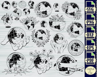 Floral Globe SVG Bundle, Earth Clipart, Cut Files (svg, png, dxf, eps, pdf)