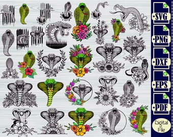 Cobra SVG Bundle, Floral Cobra SVG, Flower Cobra Clipart, Cobra Cut Files For Silhouette, Files for Cricut, Cobra Vector, Snake Svg, Dxf,Png