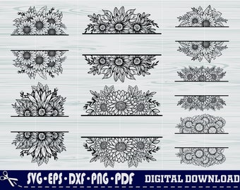 Split Sunflower Monogram SVG, Floral Cut File (Digital Download)