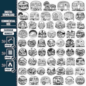 Peut inclure: Un ensemble de 59 illustrations en noir et blanc de caravanes, camping-cars et camping-cars dans divers environnements. Les illustrations sont en forme de cercle et présentent différentes scènes, telles que des montagnes, des forêts et des plages.