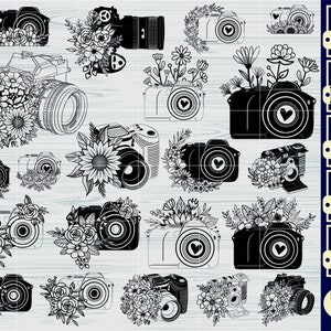 May include: A digital download of 10 camera and floral designs in black and white. The designs include a camera with flowers, a camera with leaves, and a camera with a heart. The designs are perfect for crafting, scrapbooking, and other creative projects. The file formats included are SVG, PNG, DXF, EPS, and PDF.