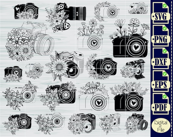 Camera SVG, Photography Svg, Photo Camera Svg, Camera Svg, Clipart, Files for Cricut, Cut Files For Silhouette, Flower, Floral, Dxf Png