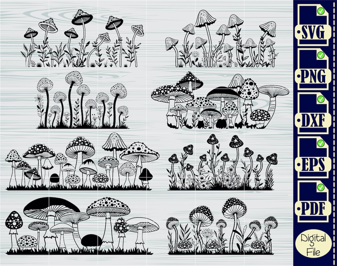 Row of Mushrooms Svg Bundle,3, Mushroom Svg, Mushroom Cut File, Fungi