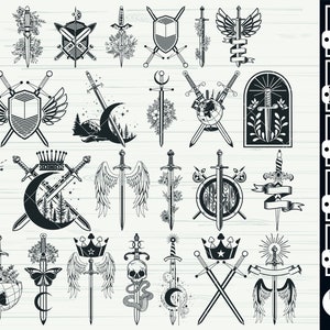 May include: A collection of black and white sword designs, including crossed swords, swords with wings, and swords with floral and celestial elements. The designs are in a digital file format, including SVG, PNG, DXF, EPS, and PDF.