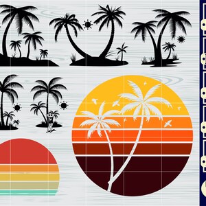 Op de afbeelding: Een set digitale snijbestanden met palmbomen en een retro zonsondergangontwerp. De bestanden zijn beschikbaar in de formaten SVG, PNG, DXF, EPS en PDF. Digitaal bestand.