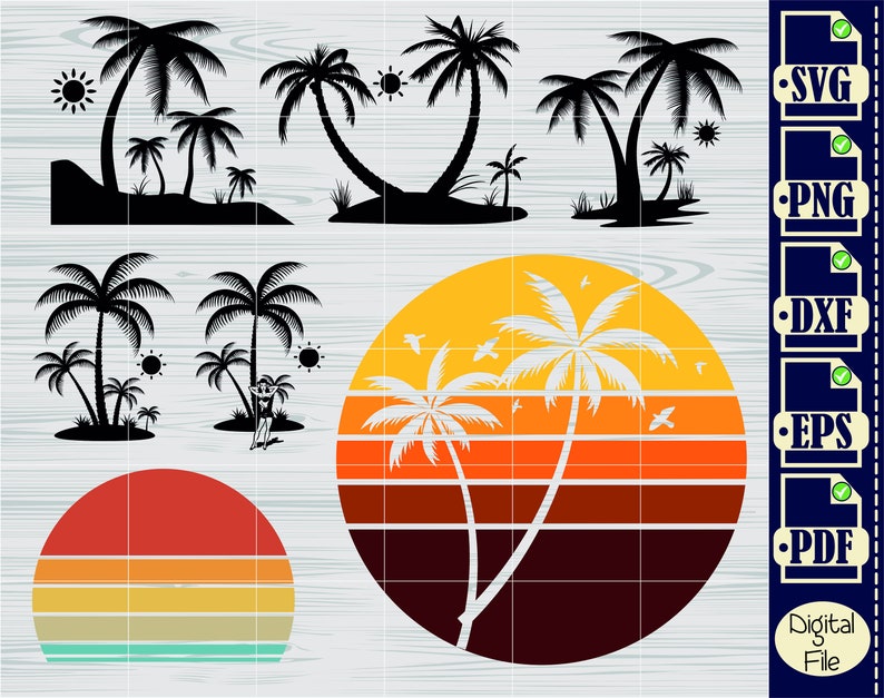 Op de afbeelding: Een set digitale snijbestanden met palmbomen en een retro zonsondergangontwerp. De bestanden zijn beschikbaar in de formaten SVG, PNG, DXF, EPS en PDF. Digitaal bestand.