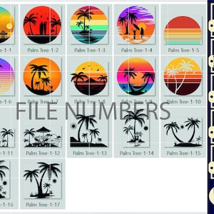 Op de afbeelding: Een set van 17 digitale bestanden met palmboomillustraties in verschillende stijlen. De illustraties zijn rond met een zonsondergangachtergrond. De bestanden zijn beschikbaar in de formaten SVG, PNG, DXF, EPS en PDF.