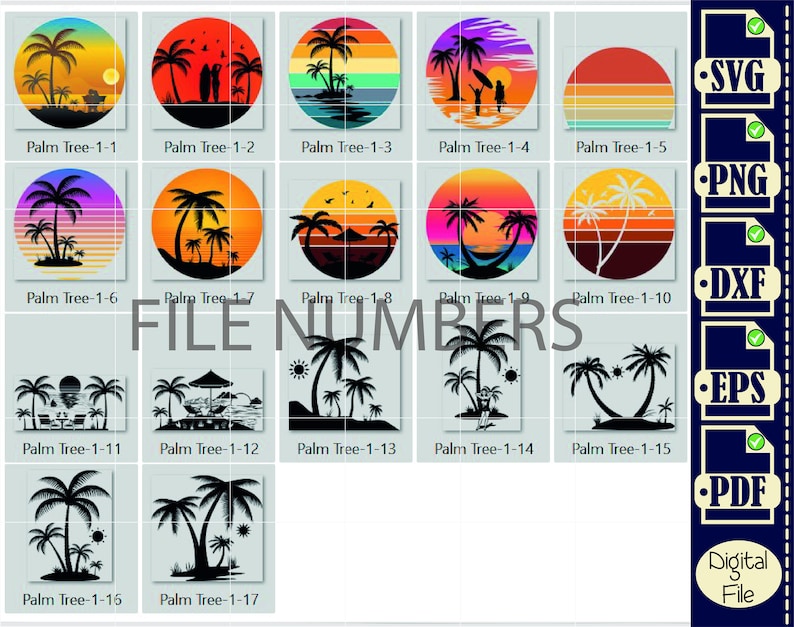 Op de afbeelding: Een set van 17 digitale bestanden met palmboomillustraties in verschillende stijlen. De illustraties zijn rond met een zonsondergangachtergrond. De bestanden zijn beschikbaar in de formaten SVG, PNG, DXF, EPS en PDF.