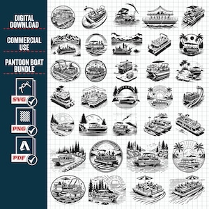 May include: A set of 24 black and white illustrations of pontoon boats in various settings. The illustrations feature pontoon boats on lakes, rivers, and oceans, with people fishing, swimming, and relaxing on the boats. The illustrations are perfect for use in a variety of projects, such as t-shirt designs, website graphics, and social media posts.