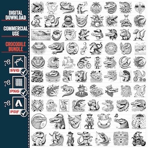 May include: A set of 78 black and white digital illustrations of crocodiles in various poses and settings. The illustrations include crocodiles wearing hats, riding bikes, playing music, and more.