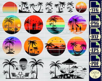 Palm Tree SVG, Sunset SVG Bundle, Palm Tree Clipart, Beach Palm Cut Files For Silhouette, Files for Cricut, Vector, Svg, Eps, Dxf, Png