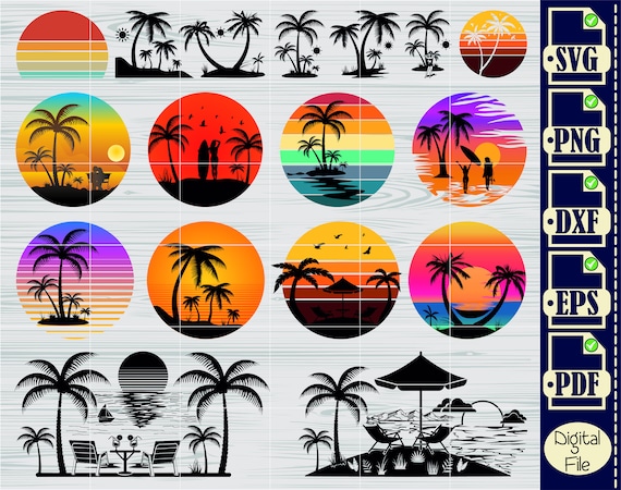Sunset Palm Tree SVG Bundle, Beach Clipart (Digital Files)