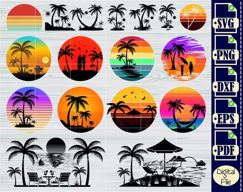 Op de afbeelding: Een set van 10 digitale snijbestanden met verschillende zomerse strandscenes met palmbomen, zonsondergangen en oceaan golven. De bestanden zijn beschikbaar in SVG, PNG, DXF, EPS en PDF formaten. Digitaal bestand.