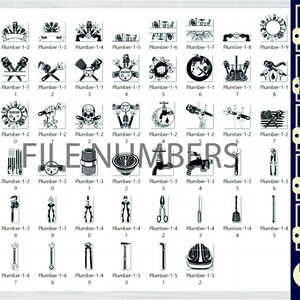 Może przedstawiać: Zestaw 30 czarno-białych cyfrowych obraz&oacute;w clipart narzędzi i symboli hydraulicznych. Obrazy są oznaczone numerami i tekstem "Plumber-1-1" do "Plumber-1-5". Obrazy są dostępne w formatach SVG, PNG, DXF, EPS i PDF.