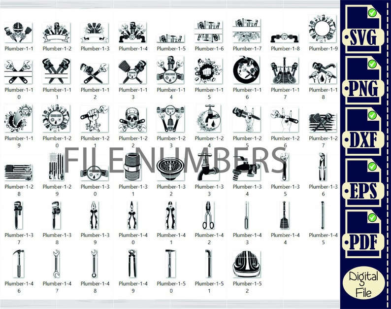 Może przedstawiać: Zestaw 30 czarno-białych cyfrowych obraz&oacute;w clipart narzędzi i symboli hydraulicznych. Obrazy są oznaczone numerami i tekstem "Plumber-1-1" do "Plumber-1-5". Obrazy są dostępne w formatach SVG, PNG, DXF, EPS i PDF.