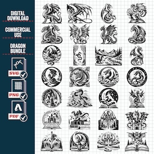 Pacchetto di immagini vettoriali di draghi, SVG, PNG, PDF, Cricut, Silhouette (download digitale)