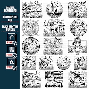 May include: A set of 16 black and white digital illustrations featuring duck hunting scenes. The illustrations include hunters, dogs, ducks, and other hunting-related imagery. The illustrations are perfect for use in crafting projects, scrapbooking, or other creative endeavors.