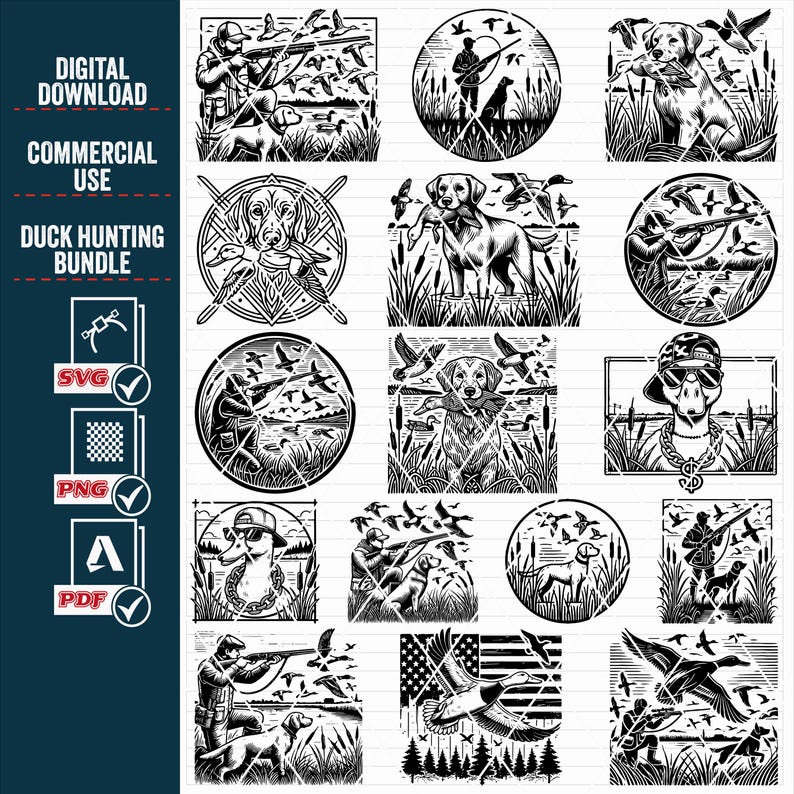 May include: A set of 16 black and white digital illustrations featuring duck hunting scenes. The illustrations include hunters, dogs, ducks, and other hunting-related imagery. The illustrations are perfect for use in crafting projects, scrapbooking, or other creative endeavors.
