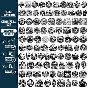 May include: A set of 93 black and white camping themed SVG, PNG, and PDF digital downloads. The designs feature various camping scenes, quotes, and icons.  The designs include phrases like "Camp Squad", "Let's Get Toasted", "Camp More", "Happy Camper", and "Camp Life Awaits".