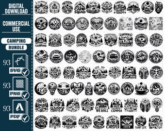 May include: A set of 93 black and white camping themed SVG, PNG, and PDF digital downloads. The designs feature various camping scenes, quotes, and icons.  The designs include phrases like "Camp Squad", "Let's Get Toasted", "Camp More", "Happy Camper", and "Camp Life Awaits".