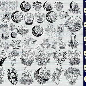 Lune magique et cristal SVG, Svg de cristaux de sorcière, champignon, lune florale svg, Svg céleste, fichiers pour Cricut, téléchargement numérique, tshirt, Dxf