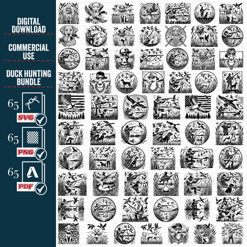 May include: A set of 65 black and white digital illustrations of duck hunting scenes. The illustrations feature hunters, dogs, ducks, and other wildlife. The illustrations are perfect for use in crafting projects, scrapbooking, or other creative endeavors.