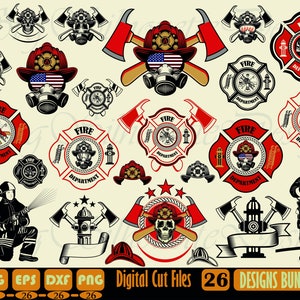 Logo pompiere Svg, pompiere salvataggio asce pompiere lotta fuoco teschio casco EMT emergenza .SVG .EPS .PNG vettoriale Cricut taglio taglio