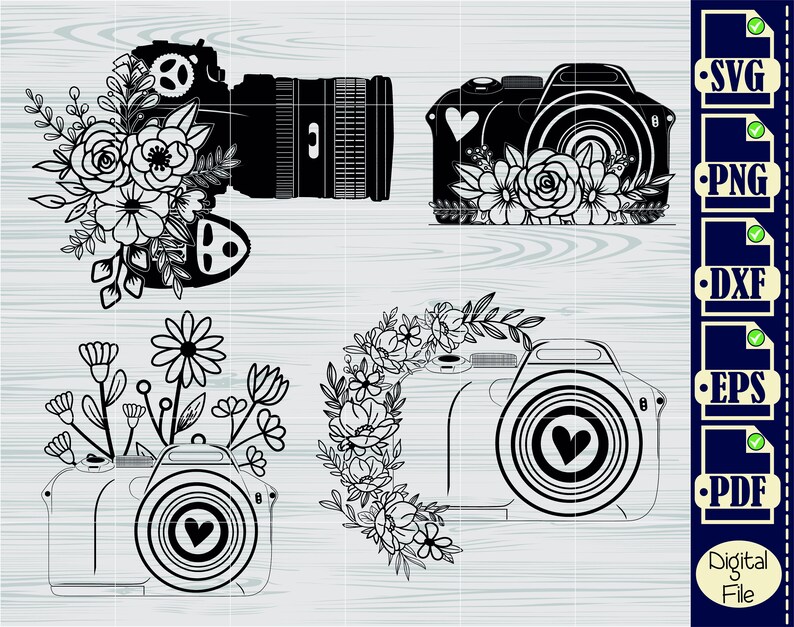 May include: Four black and white camera designs with floral embellishments. Each camera has a heart shape in the lens. The designs are suitable for crafting projects such as vinyl decals, iron-on transfers, and digital downloads.