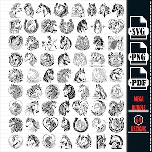 MEGA Bundle CHEVAL, svg fille cheval #1, silhouettes de chevaux, fichiers découpés au laser, chevaux svg, clipart png fer à cheval, téléchargement numérique, vie à la ferme