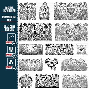 May include: A set of 10 black and white digital illustrations of various sea life scenes. The illustrations include a bottle with a whale inside, a heart-shaped coral reef, a turtle with a ship inside, and various sea creatures like jellyfish, fish, and seahorses.