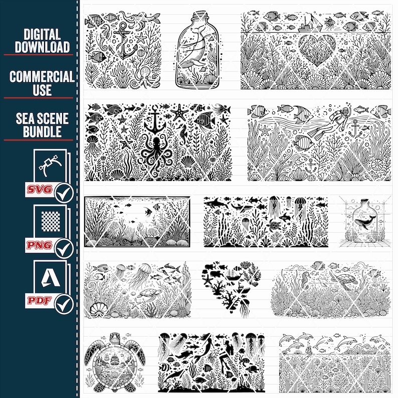 May include: A set of 10 black and white digital illustrations of various sea life scenes. The illustrations include a bottle with a whale inside, a heart-shaped coral reef, a turtle with a ship inside, and various sea creatures like jellyfish, fish, and seahorses.