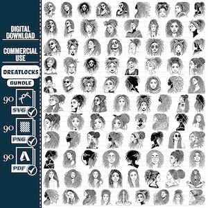 Pode incluir: Um pacote de download digital de 90 arquivos SVG, PNG e PDF em preto e branco que apresenta várias ilustrações de mulheres com dreadlocks. As ilustrações incluem diferentes penteados, acessórios e expressões faciais.