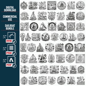 May include: A set of 57 black and white sailboat illustrations. The illustrations feature sailboats in various styles, including classic, modern, and vintage. The sailboats are depicted in a variety of settings, including the ocean, a lake, and a harbor. The illustrations are perfect for use in a variety of projects, such as scrapbooking, card making, and web design.