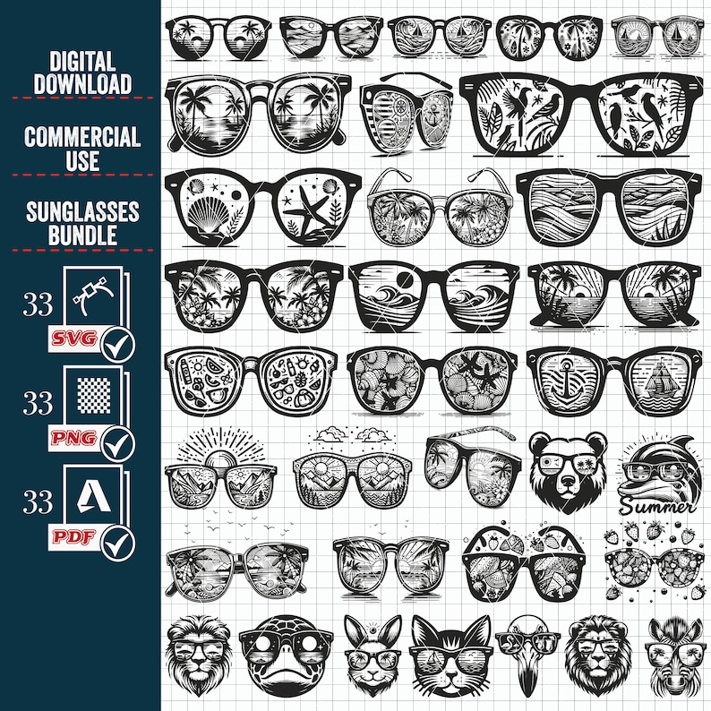 May include: A set of 33 black and white illustrations of sunglasses with various designs. The sunglasses have different scenes reflected in the lenses, including palm trees, seashells, anchors, and more. The illustrations are perfect for creating digital designs, crafts, and other projects.