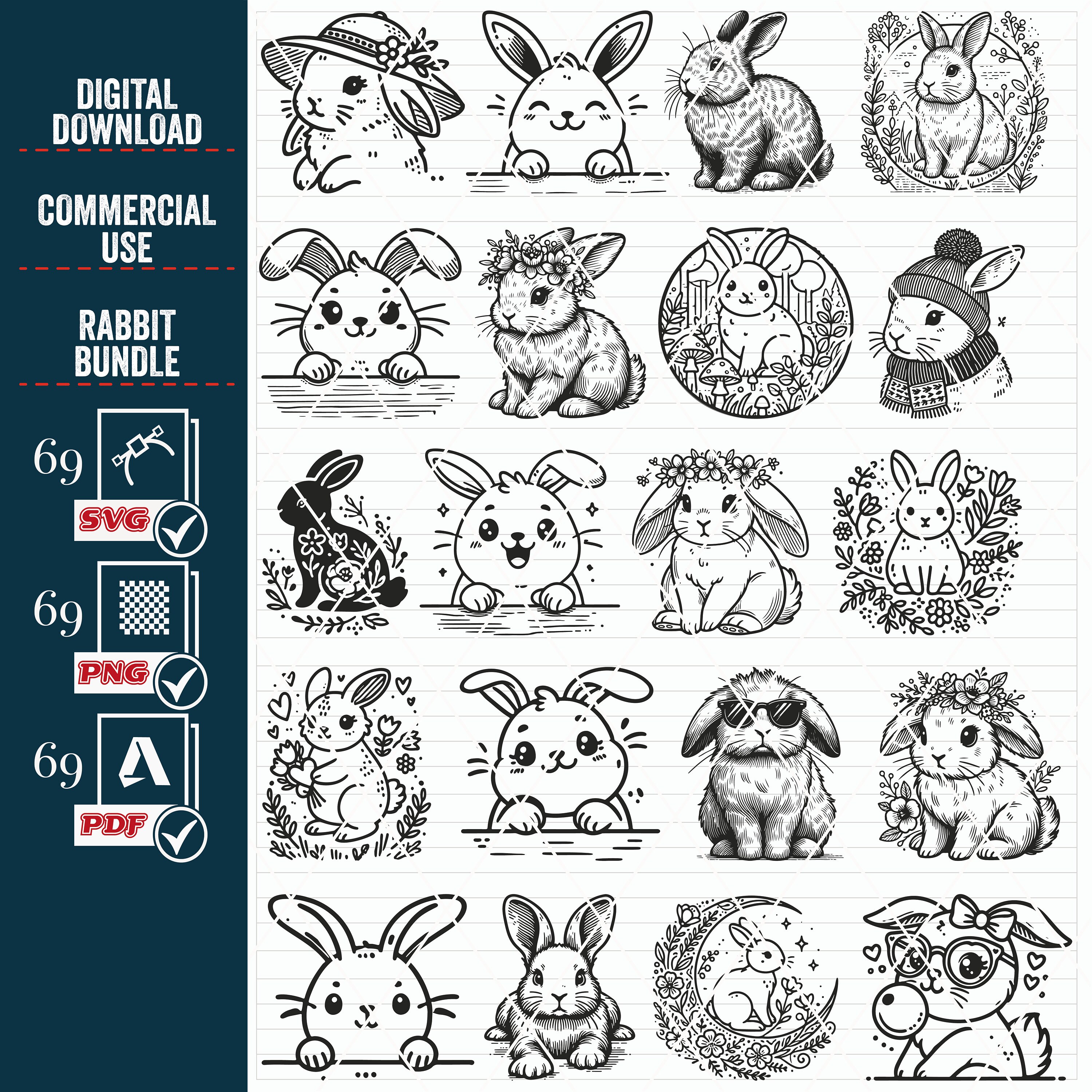 Easter Rabbit SVG Bundle, Floral Bunny Clipart (digital Download) - Etsy