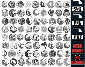 May include: A set of 90 black and white moon phase illustrations. The designs feature various elements such as flowers, crystals, animals, and celestial bodies. The illustrations are perfect for crafting, scrapbooking, and digital design projects.