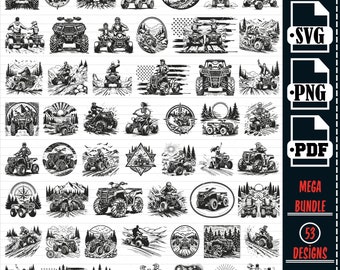 May include: A set of 53 black and white vector illustrations of people riding ATVs in various settings. The illustrations include mountains, trees, flags, and other outdoor elements. The illustrations are perfect for use in designs, crafts, and other projects.