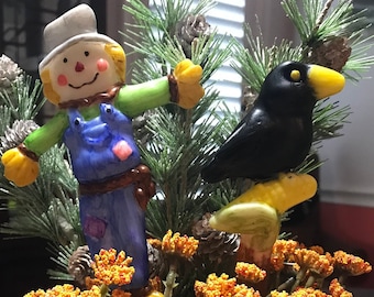 Fused Glass Scarecrow & Crow Garden Stake Set