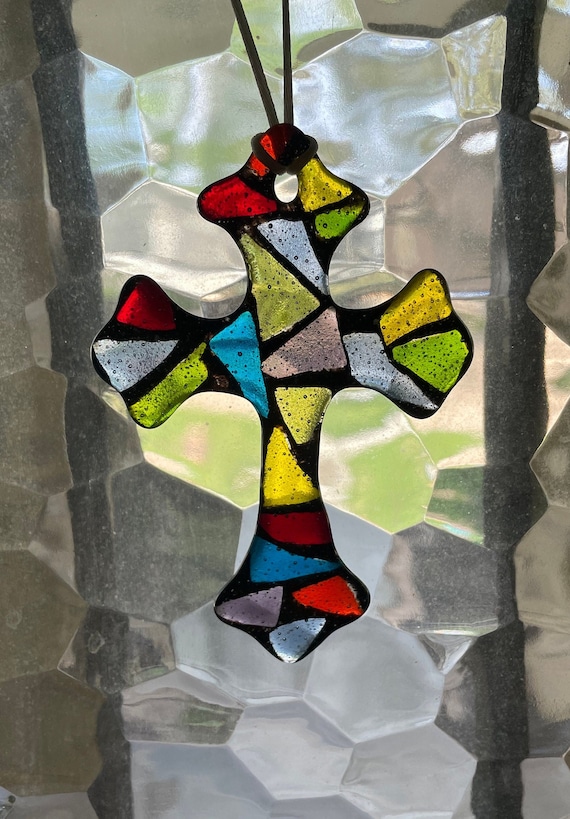 Fused Glass Cross Ornament: Colorful Suncatcher, Wall Art