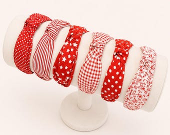 Cream and True Red 4th of July Fabric Low Profile Top Knot Headbands | House of Colour