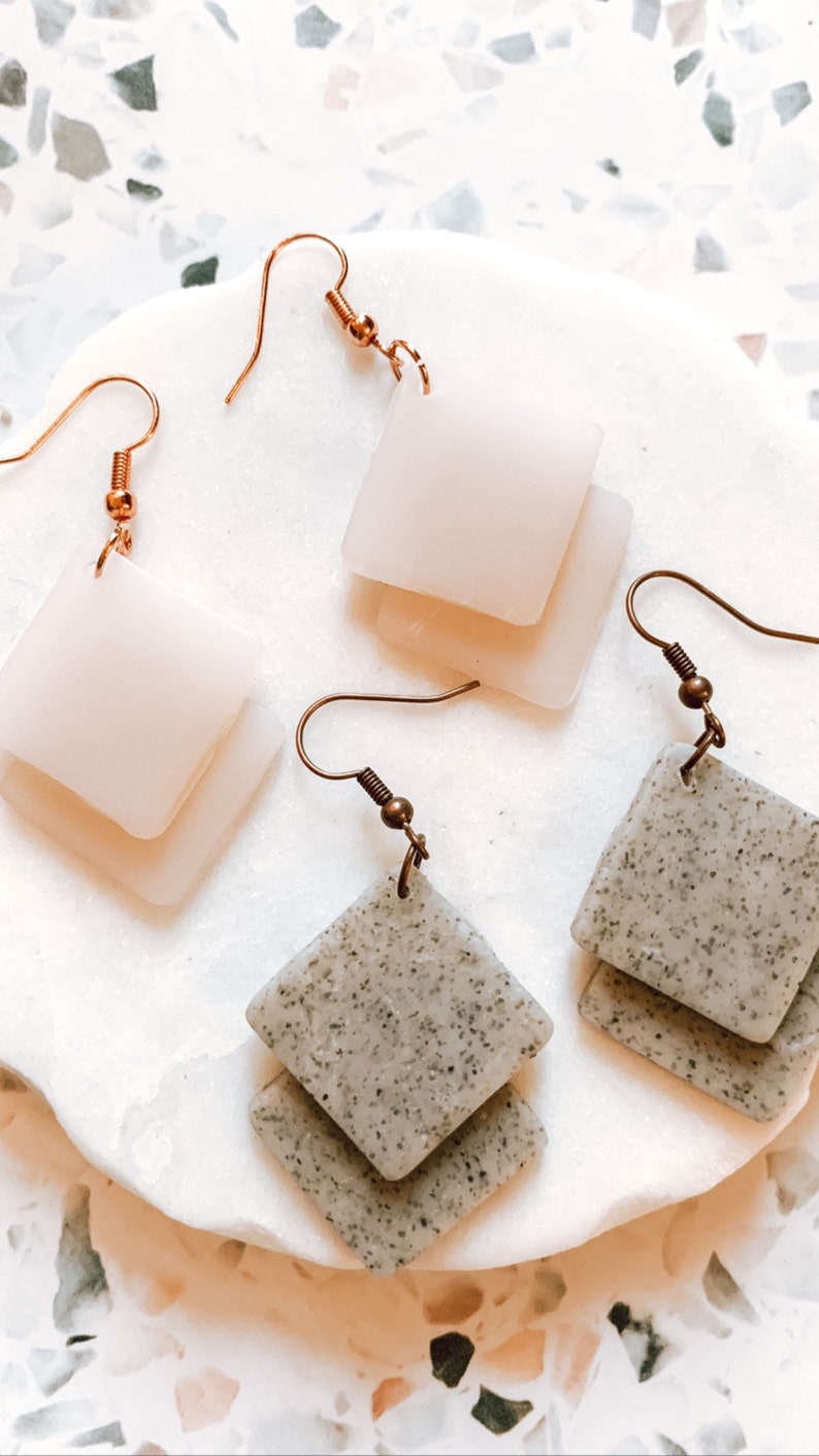 Polymer Clay Earrings Nickel Free Light Weight Double Carr\u00e9e Handmade