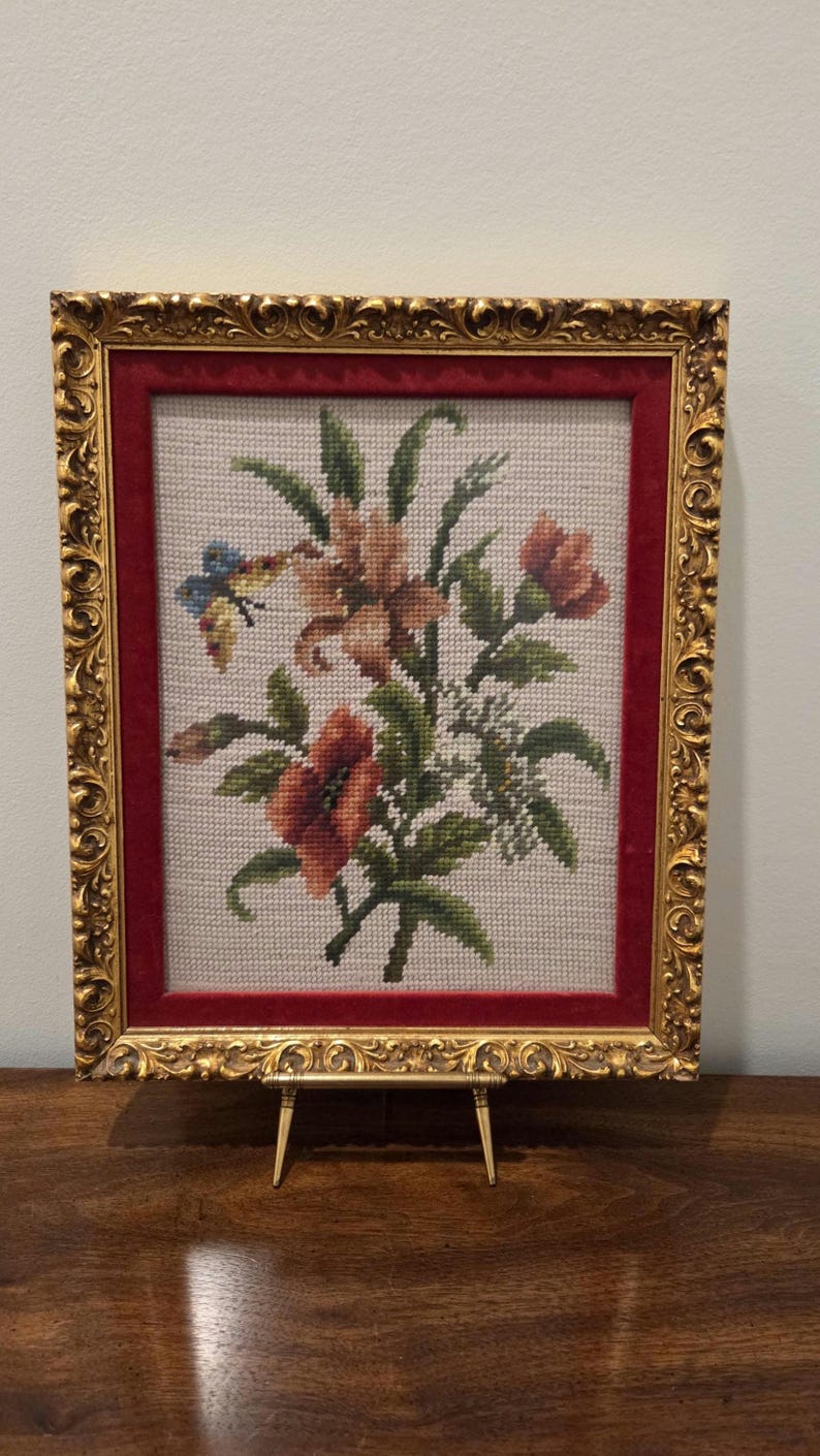 Floral Needlepoint in Ornate Gold Frame | Vintage Framed Wall Art - Etsy