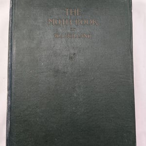 May include: A vintage book titled "THE MOTH BOOK" by W.J. Holland. The cover is a dark green color with the title and author's name in gold lettering. The book has a textured appearance and shows signs of age.