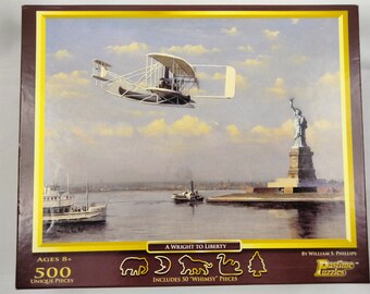 Pastime Puzzle with 50 Special Whimsy Pieces - "A Wright to Liberty" 500 Pieces American Aviation Wilbur Wright flying by Statue of Liberty