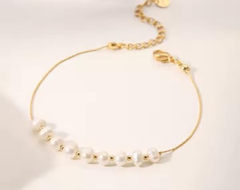 Women’s Real Freshwater Pearl Beaded Bracelet, 18k Gold Plated Stainless Steel, Wedding Jewelry Gift for Her Special Day