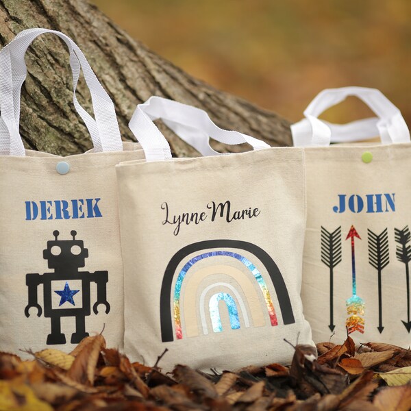 Set of 3 Personalized birthday favor tote bag for kids. Rainbow, robot, arrow decor. Cute custom treat bag for boys and girls.