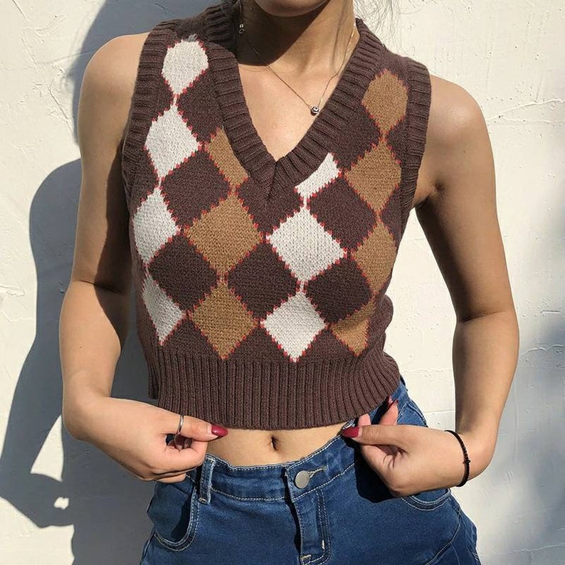 V Neck Kawaii Vintage Fashion Cute Brown Sweater Vest Women | Etsy
