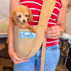 May include: A tan quilted fabric pet carrier sling featuring a rectangular light blue patch with the name Charlie embroidered in dark blue script. The carrier has a wide shoulder strap and a small metal clip attached to the bottom edge.
